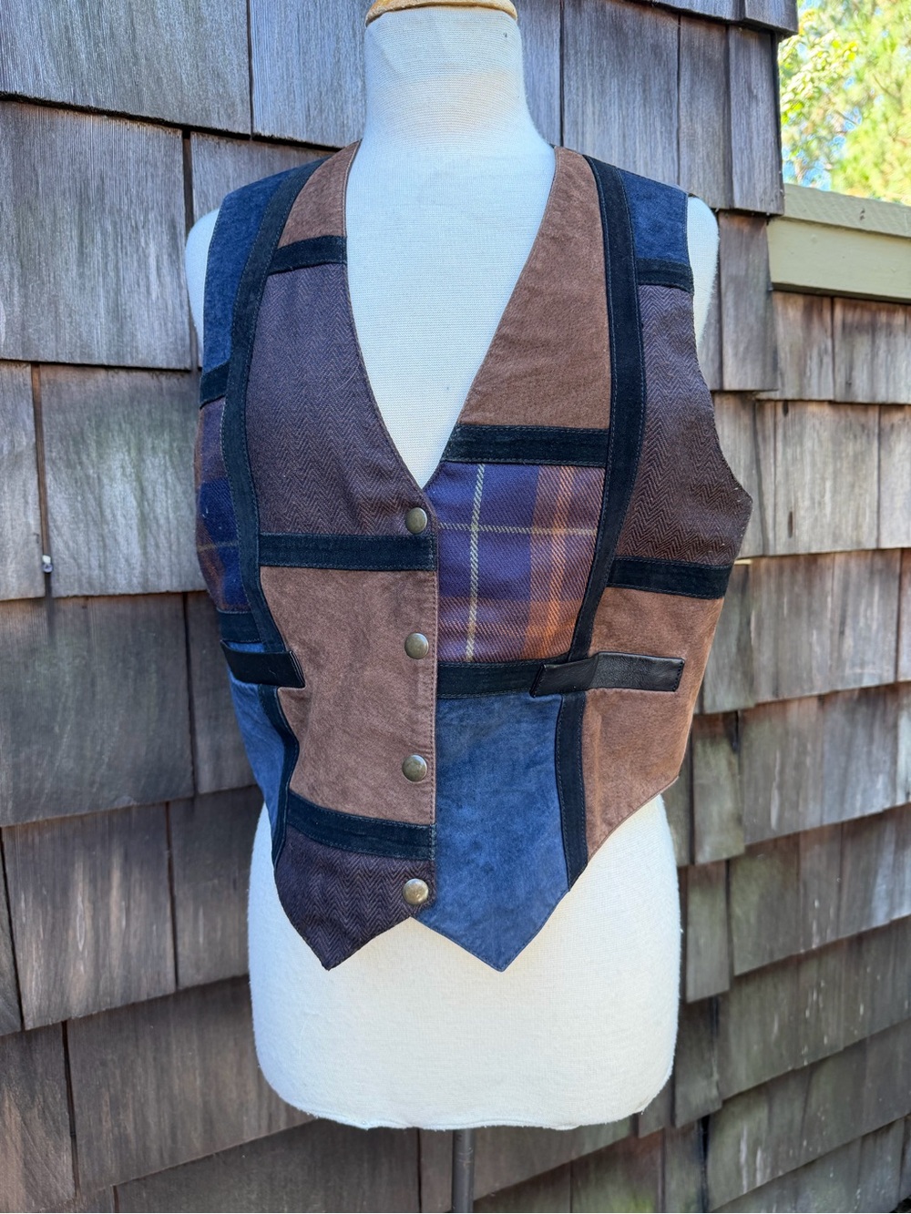 Vintage hippie leather vest patchwork earth tones sz M by Learsi